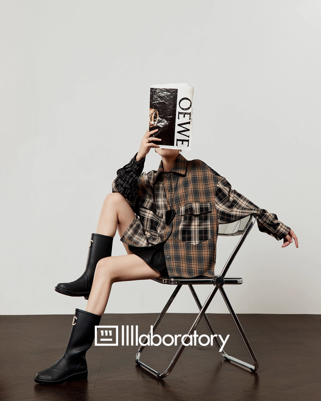 Brown Plaid Shirt  / Leather Mini Skirt LLA0519