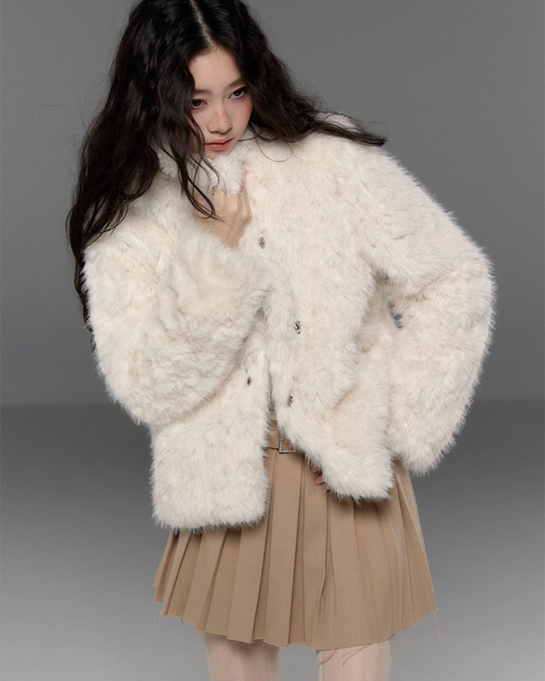 Stand Collar Fluffy Fur Jacket TRK0009