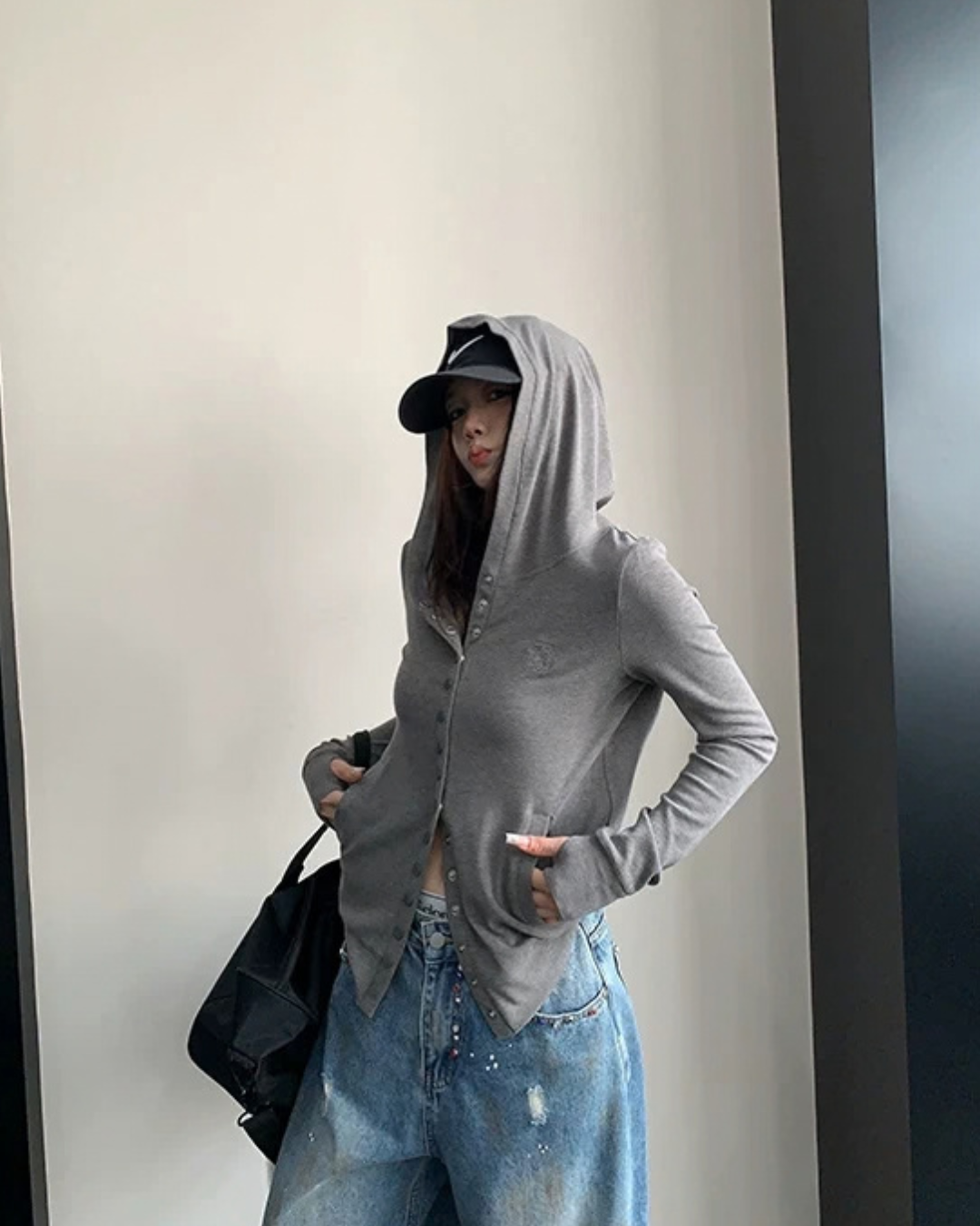Snap Button Hooded Cardigan YLS1039