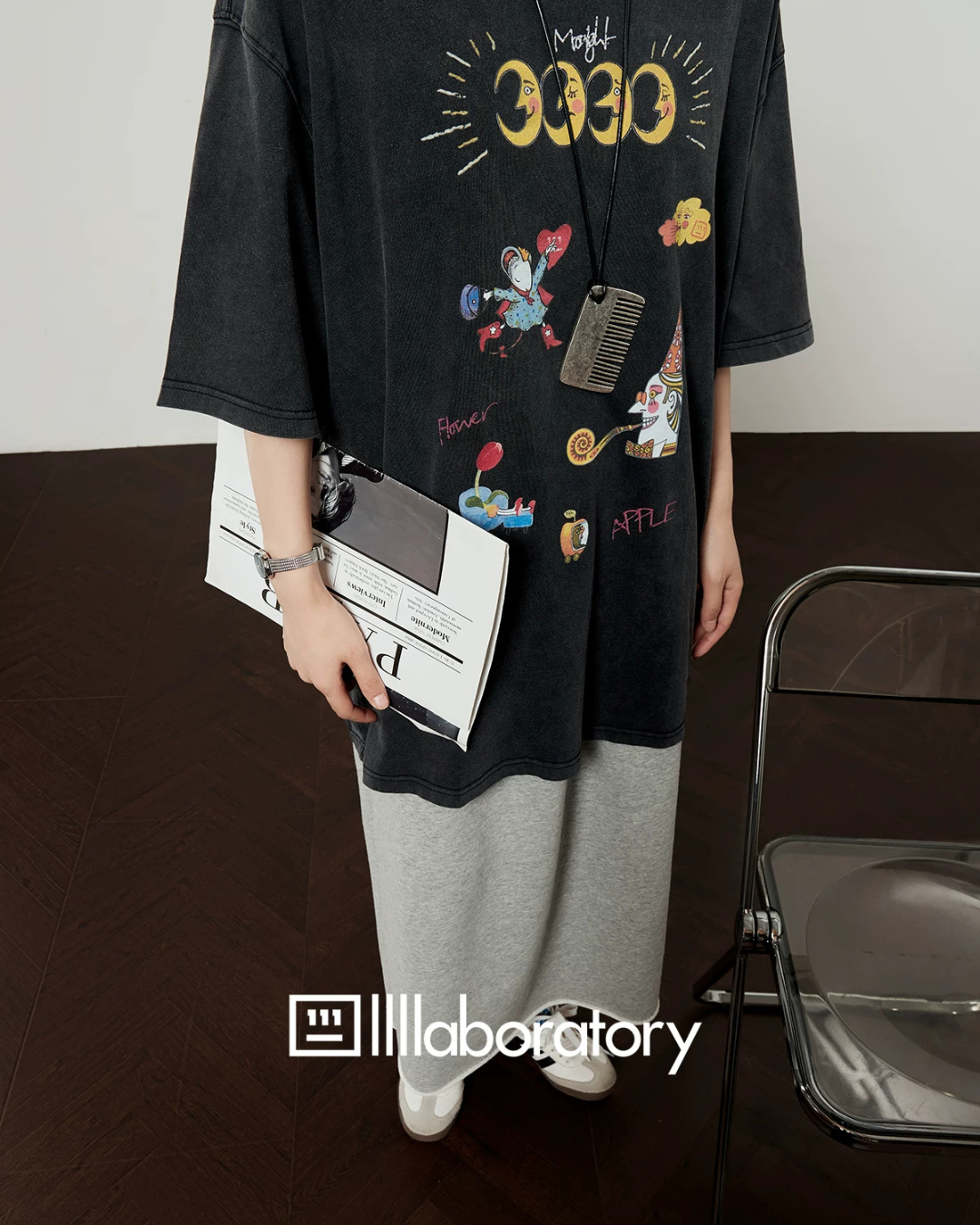 Vintage Print Short-Sleeve T-Shirt / Sweat Long Skirt LLA0653