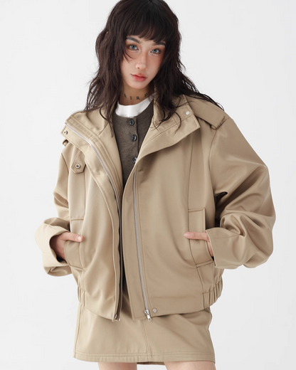 Khaki Cargo Stand Collar Jacket / Mini Skirt ACS0238