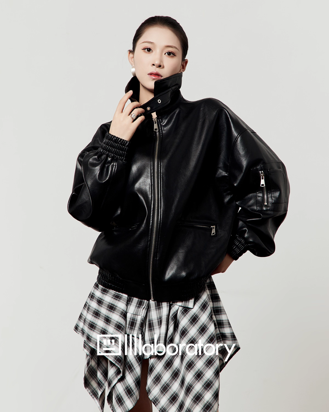 Vintage Leather Jacket / Asymmetrical Check Skirt LLA0528