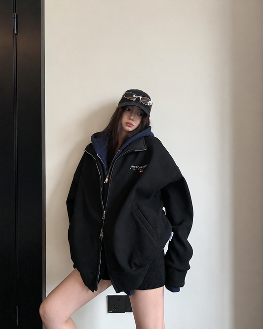 Labeled Button Double Zip Hoodie YLS1076