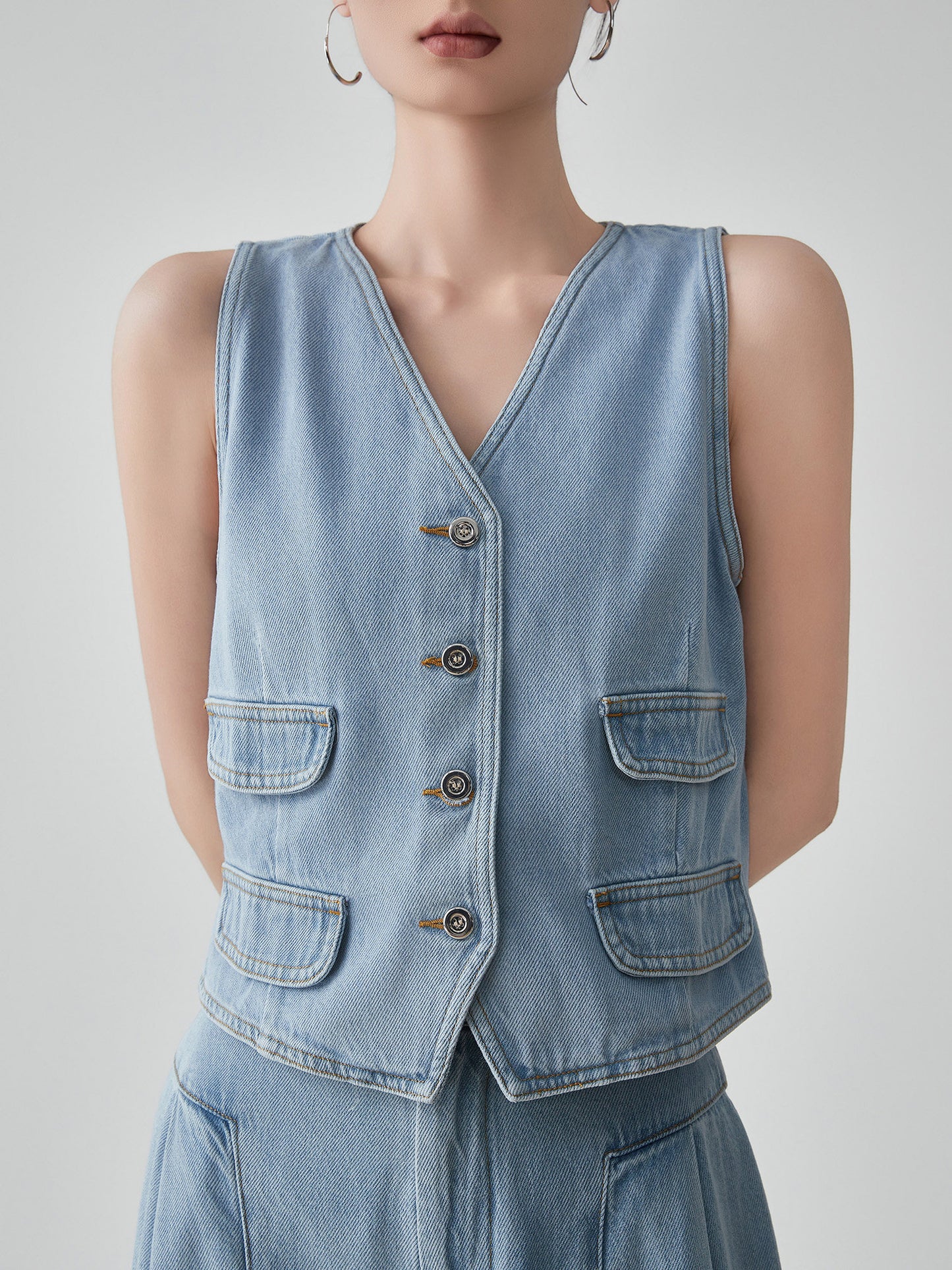 Denim V-neck Vest / Denim Wide Relaxed Pants FER0269