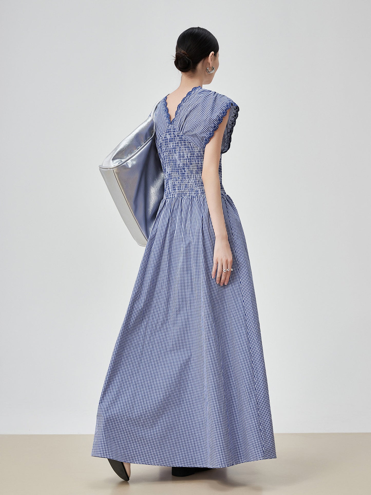 Gingham Check Shirring Long Dress FER0249
