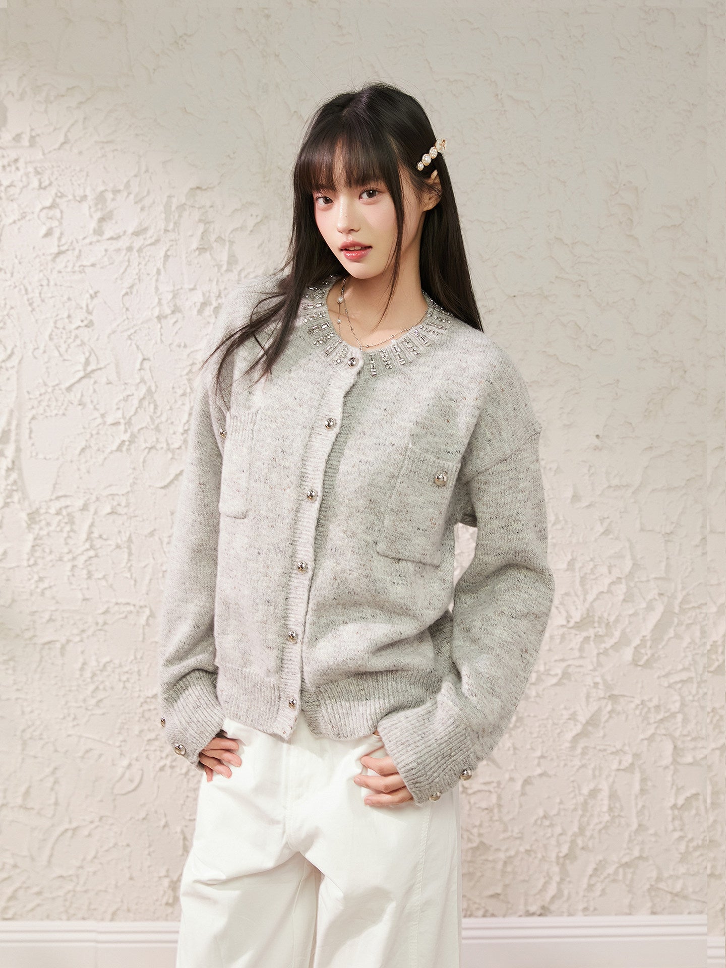 Speckled Rhinestone Knit Cardigan / Rhinestone Flash Jeans  KIP0010