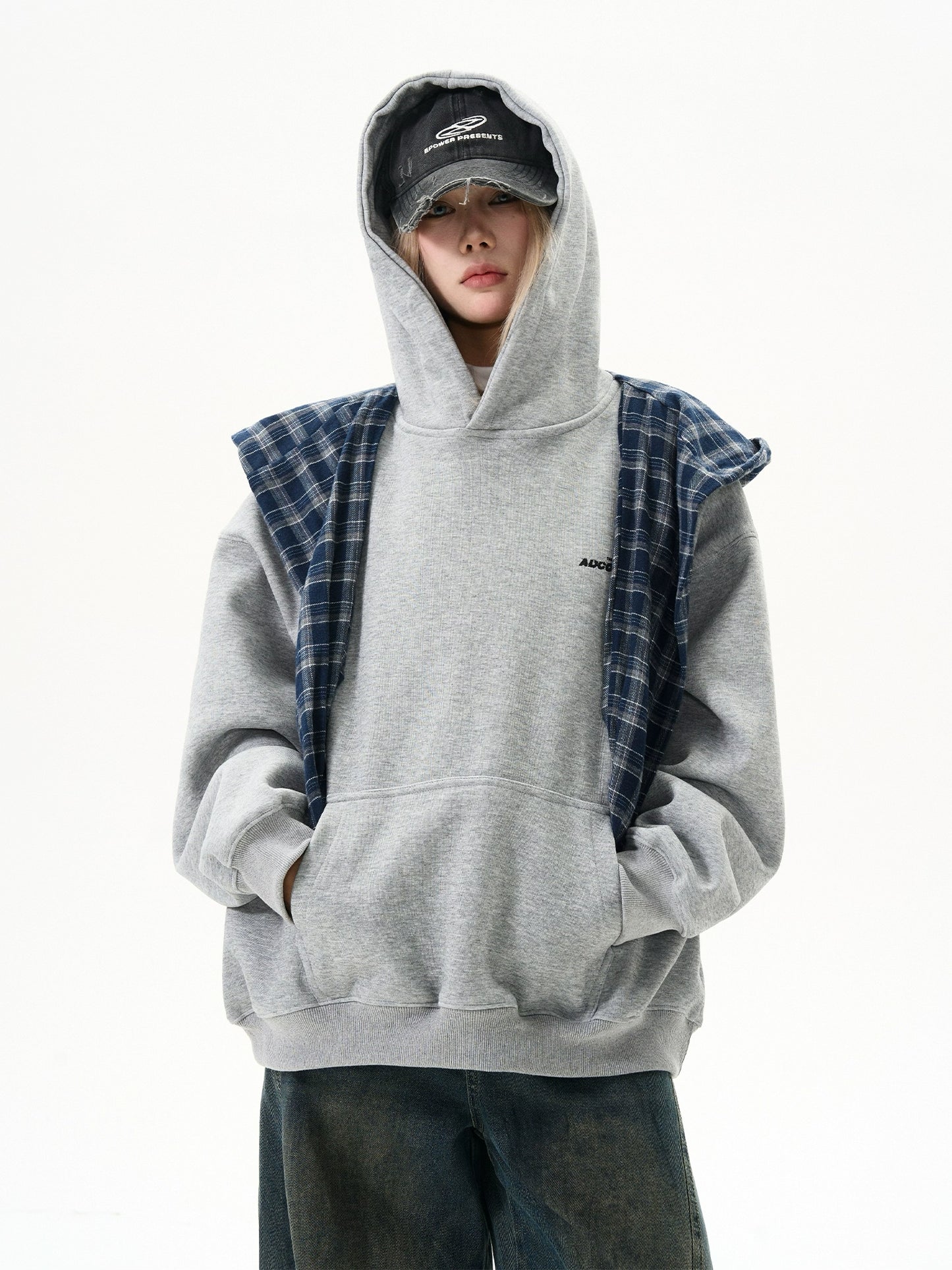 Checkered Shirt Layered Sweatshirt Hoodie MAD0012