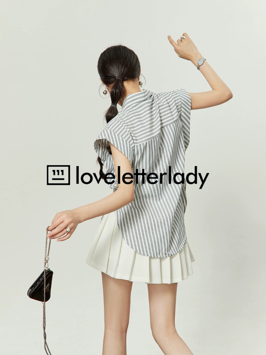 Heart Embroidered Striped Shirt / Flared Mini Skirt LLA0093