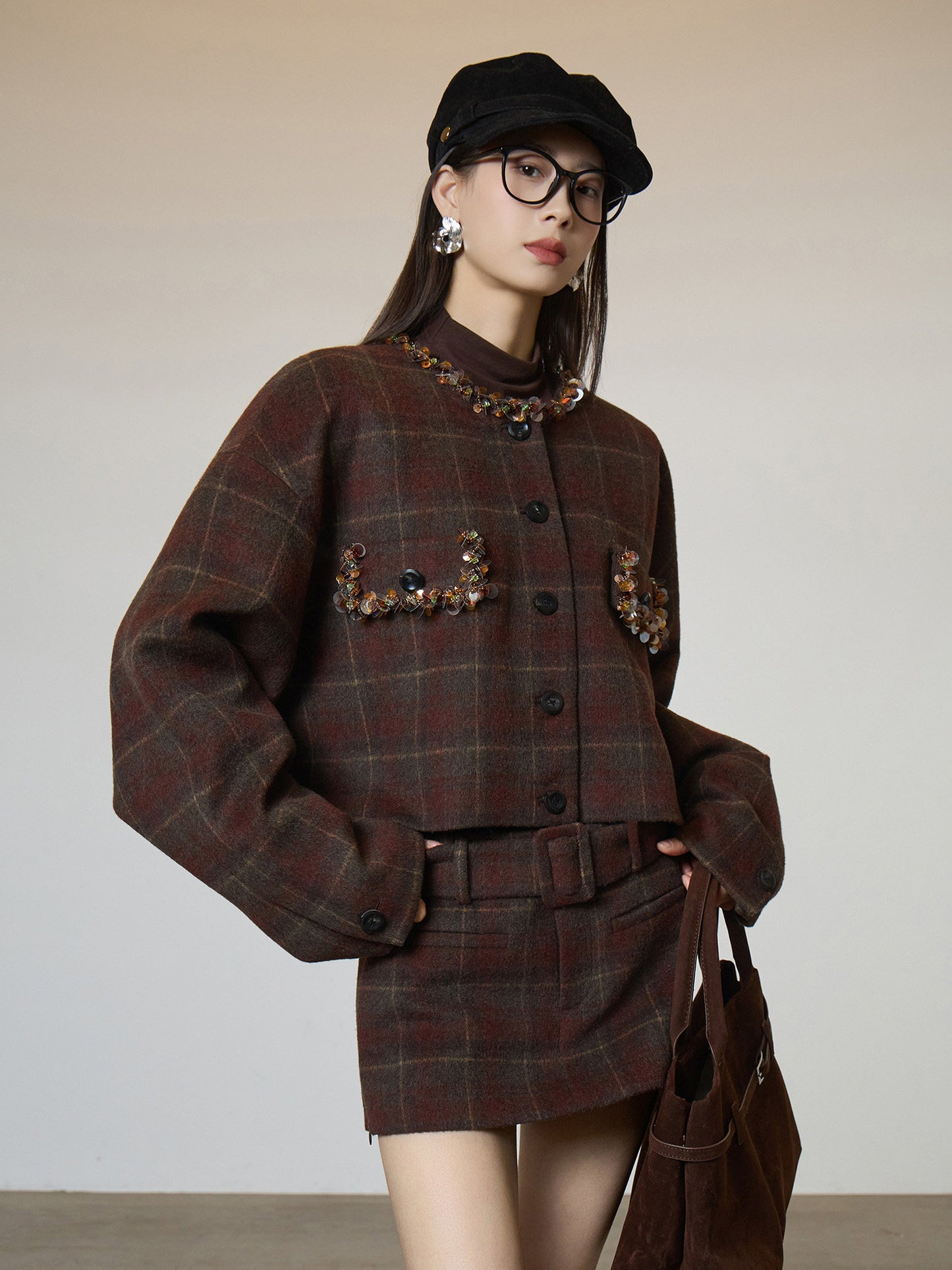 Retro Plaid Collarless Jacket / Mini Skirt SUY0019