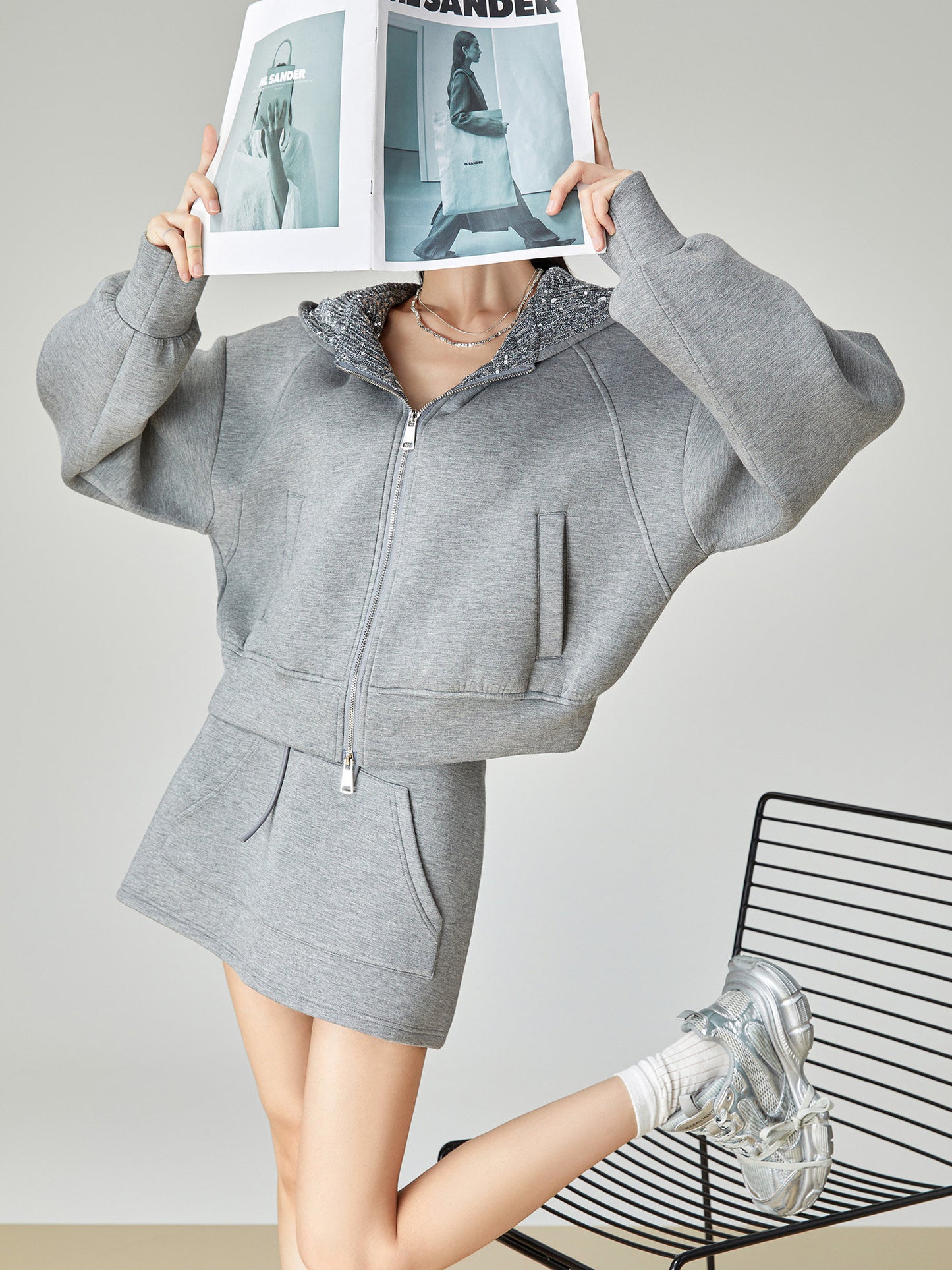Gray Sequin Hood Jacket / A-Line Half Skirt  FER0039