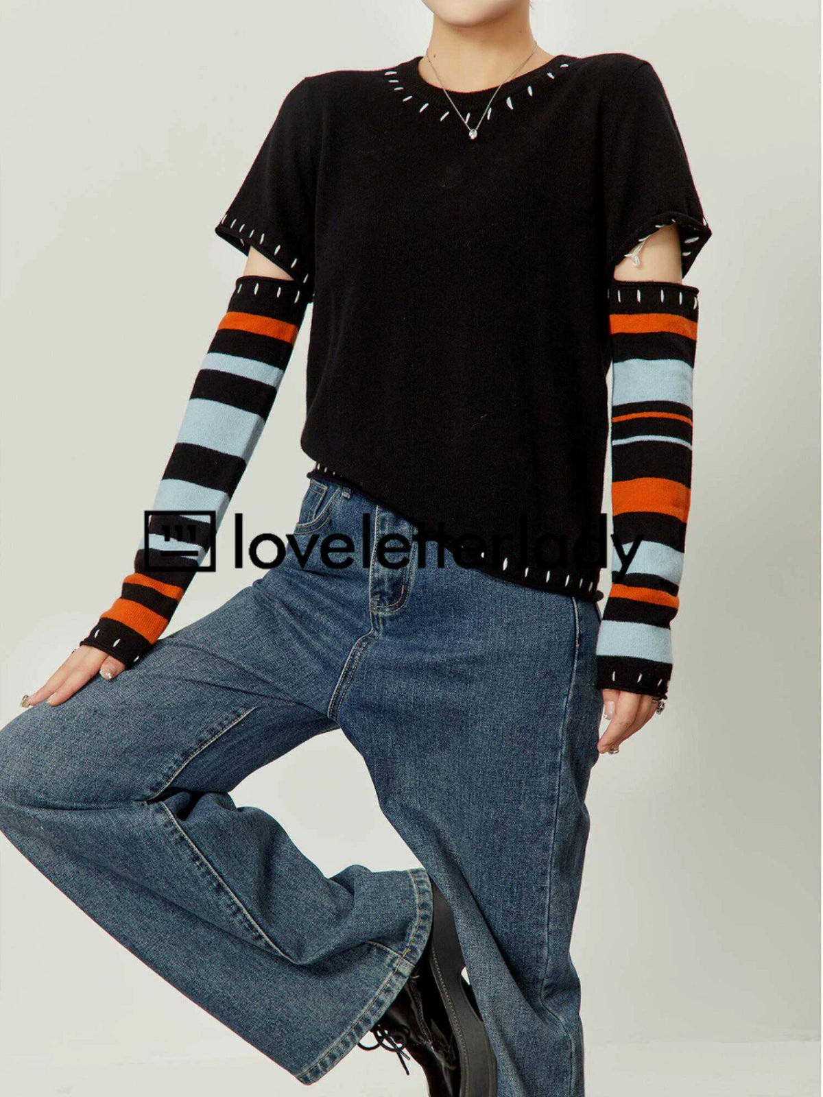 Border Sleeve Stitch Tops LLA0363