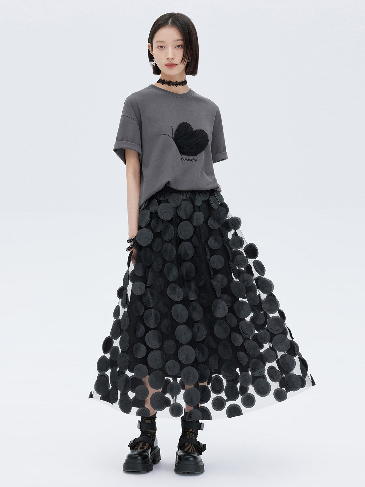Patch Embroidered Flared Mesh Skirt SHN0003