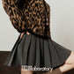 Leopard Round Neck Knit Cardigan / Pleated Skirt LLA0536