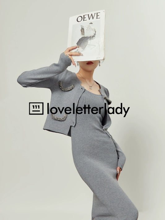 Gray U-Neck Cardigan / Tight Long Dress LLA0318