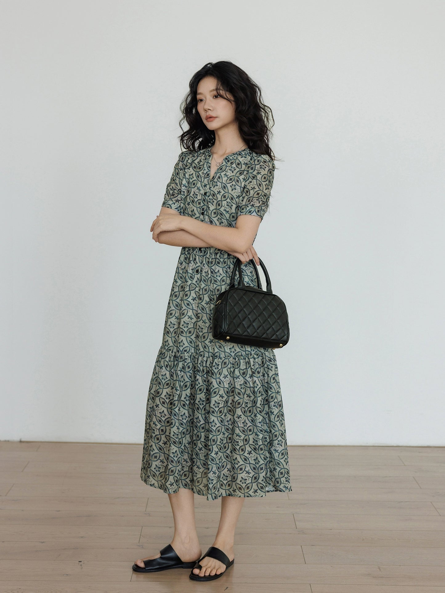 V-Neck Botanical Long Dress VAS0065