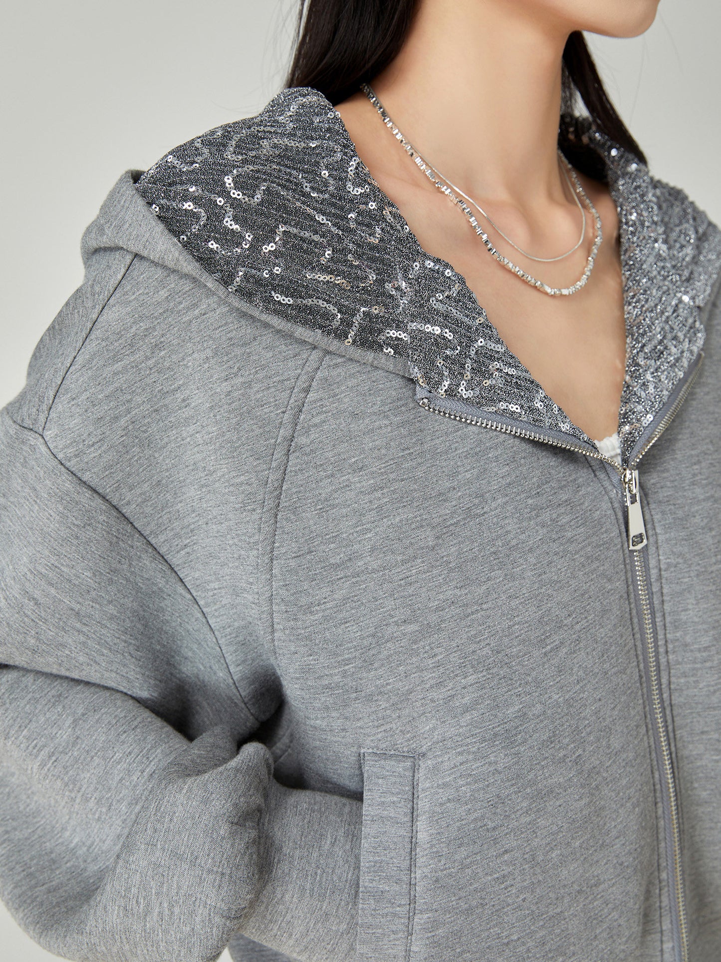 Gray Sequin Hood Jacket / A-Line Half Skirt  FER0039