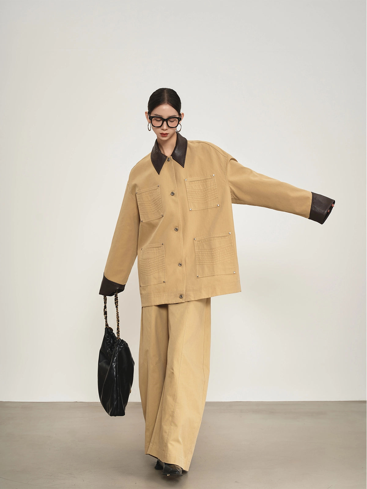 Leather Collar Pocket Shirt / Wide Pants SUY0016