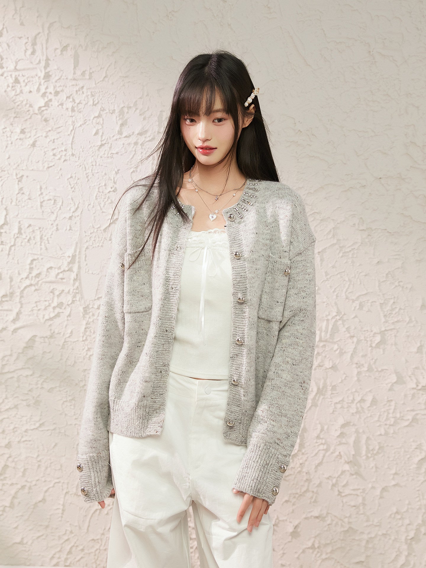 Speckled Rhinestone Knit Cardigan / Rhinestone Flash Jeans  KIP0010