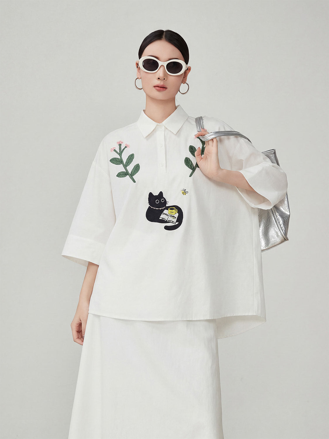 Cat Embroidered Short-Sleeve Shirt / White Long Skirt FER0211