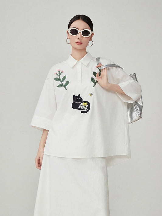 Cat Embroidered Short-Sleeve Shirt / White Long Skirt FER0211