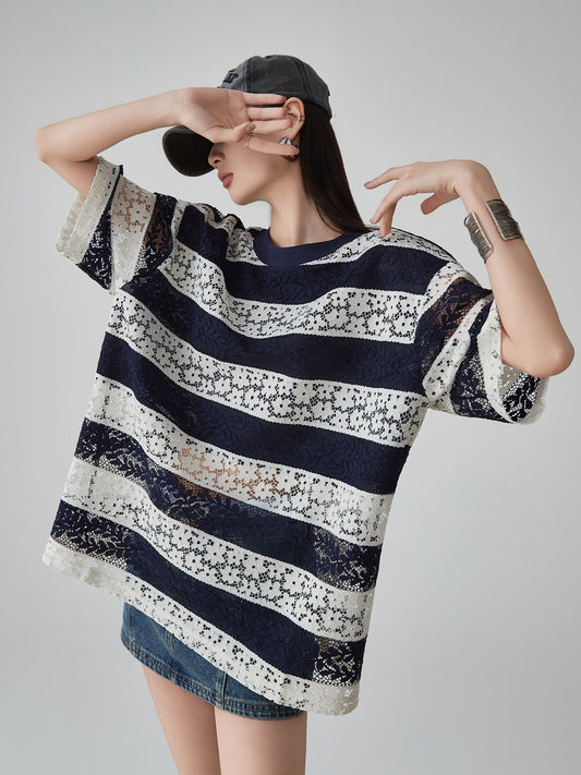 Sheer Lace Border Oversized T-Shirt FER0237