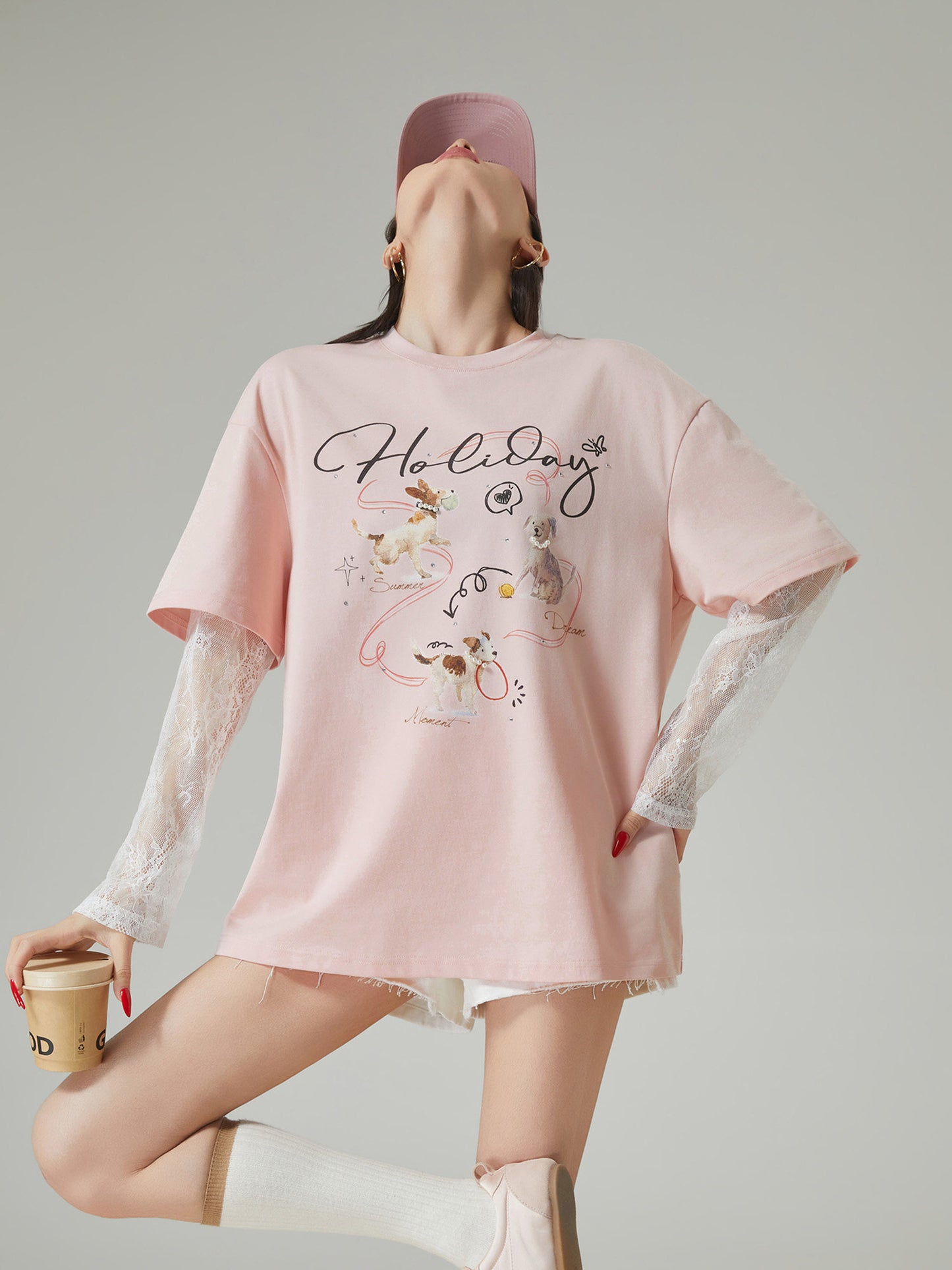 Race Sleeve Dog Print T-Shirt FER0153