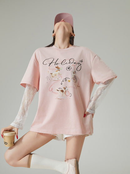 Race Sleeve Dog Print T-Shirt FER0153