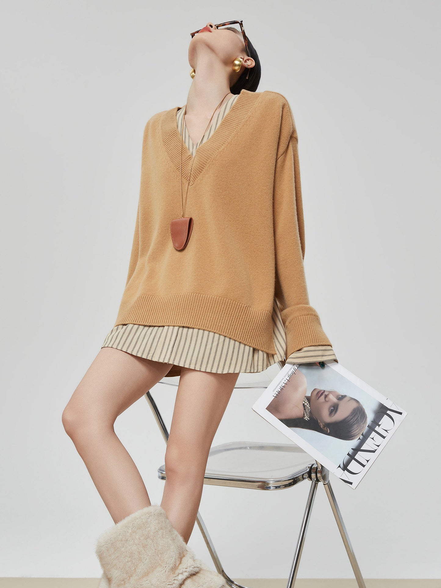 V-Neck Long Sleeve Knit Docking Shirt FER0037