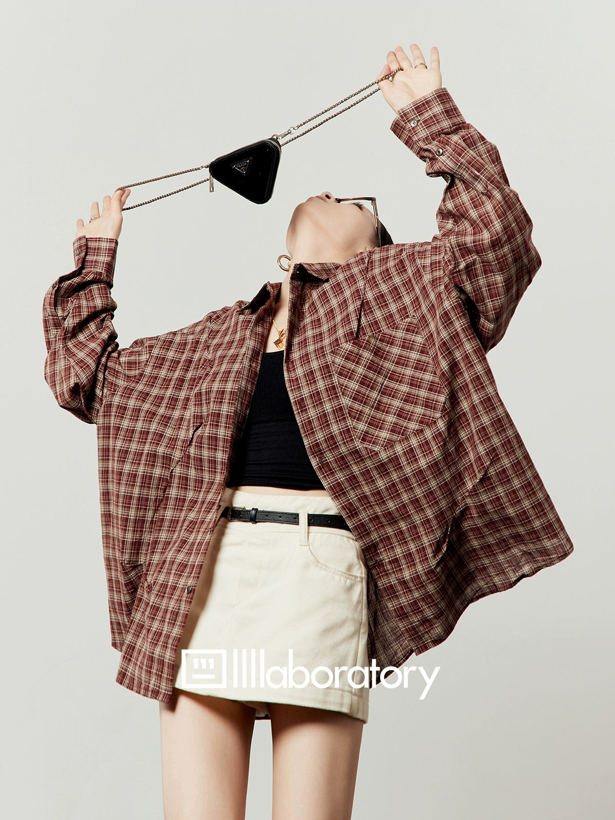 Retro Casual Check Shirt / White Denim Skirt LLA0512