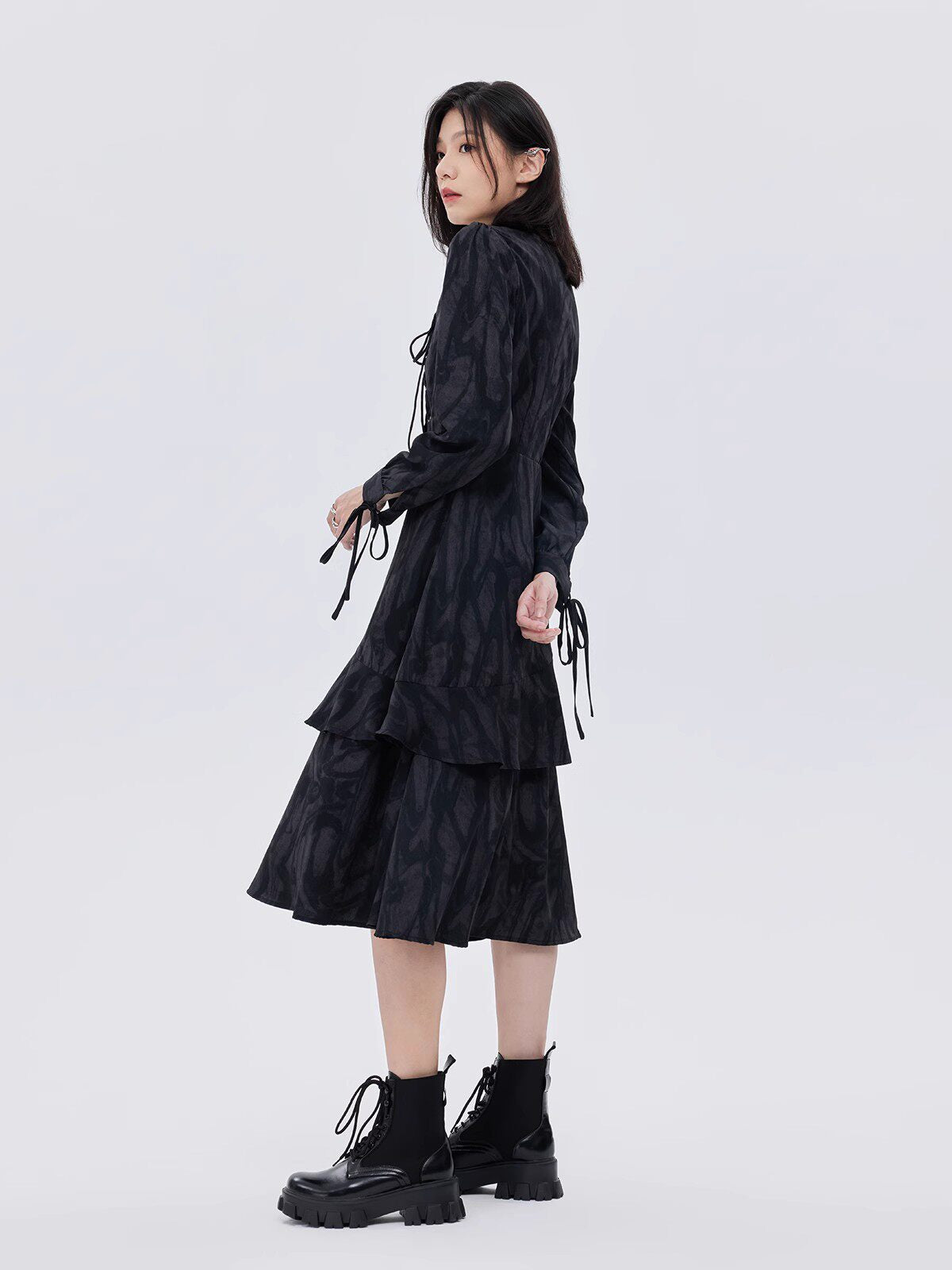 Marble Mid-Length Black Dress SHN0051