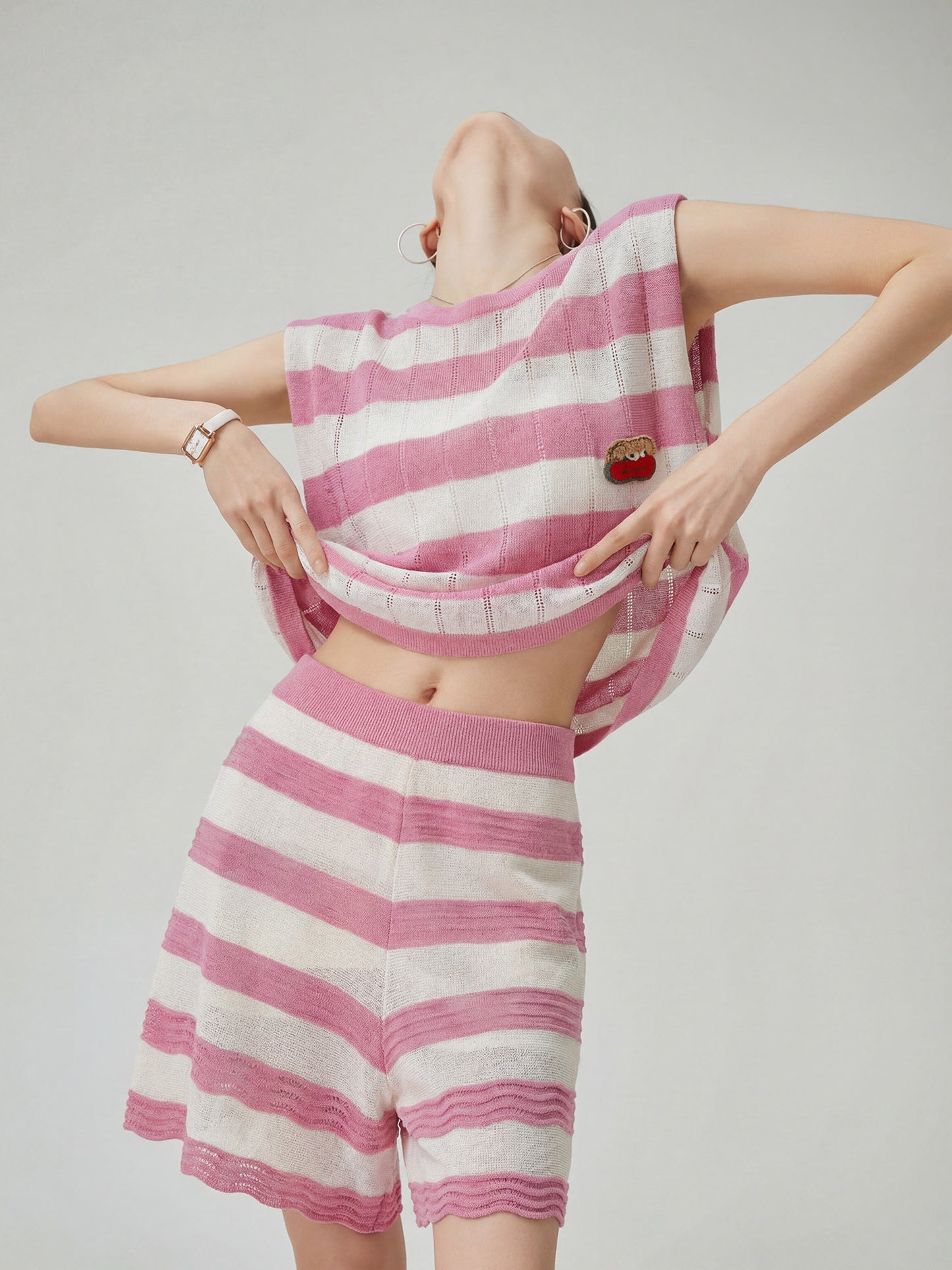 Pink Striped Sleeveless Knit Top / Shorts FER0326