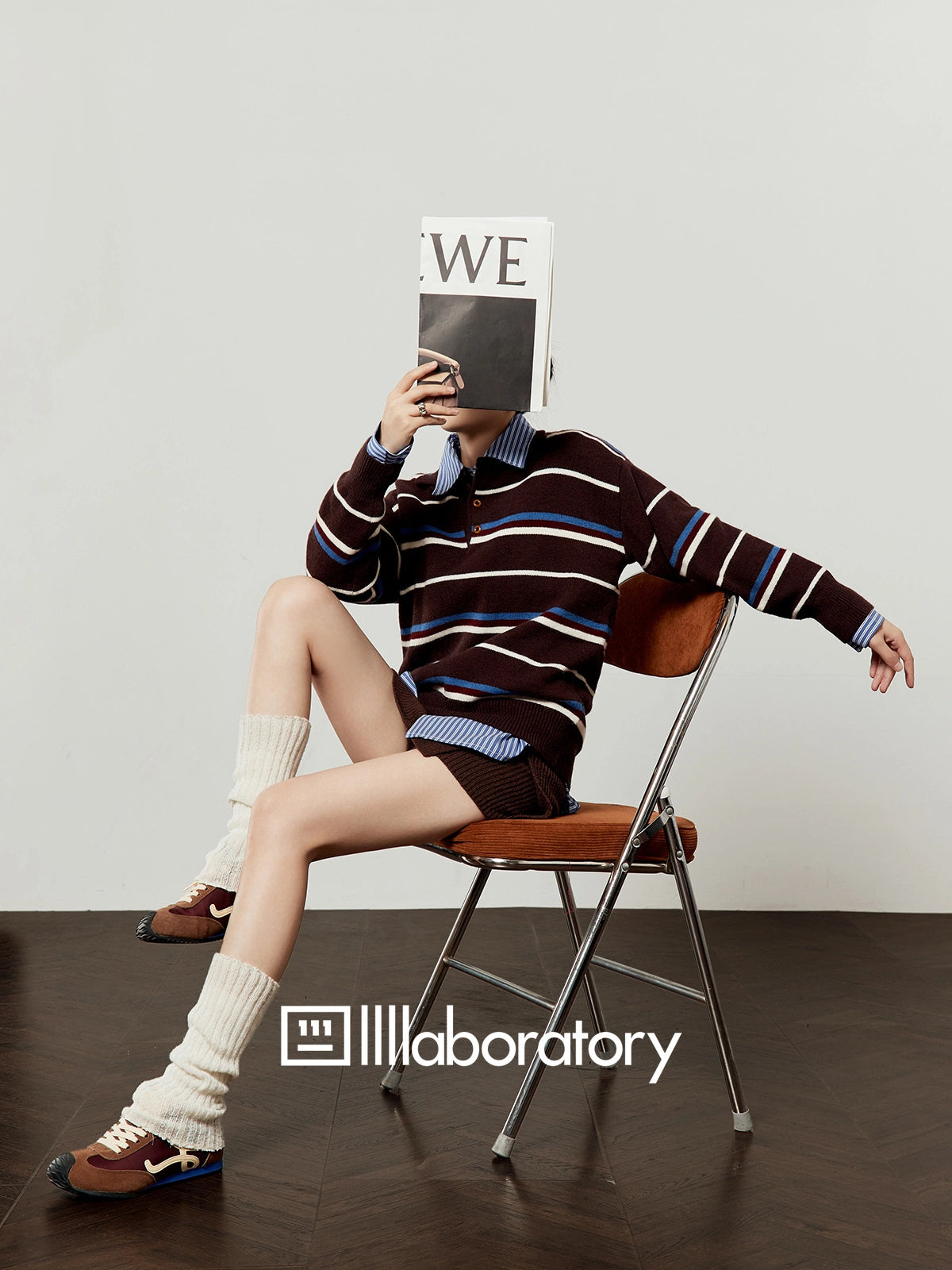 Polo Collar Coffee Knit/Blue Striped Shirt/Brown Knit Skirt LLA0540