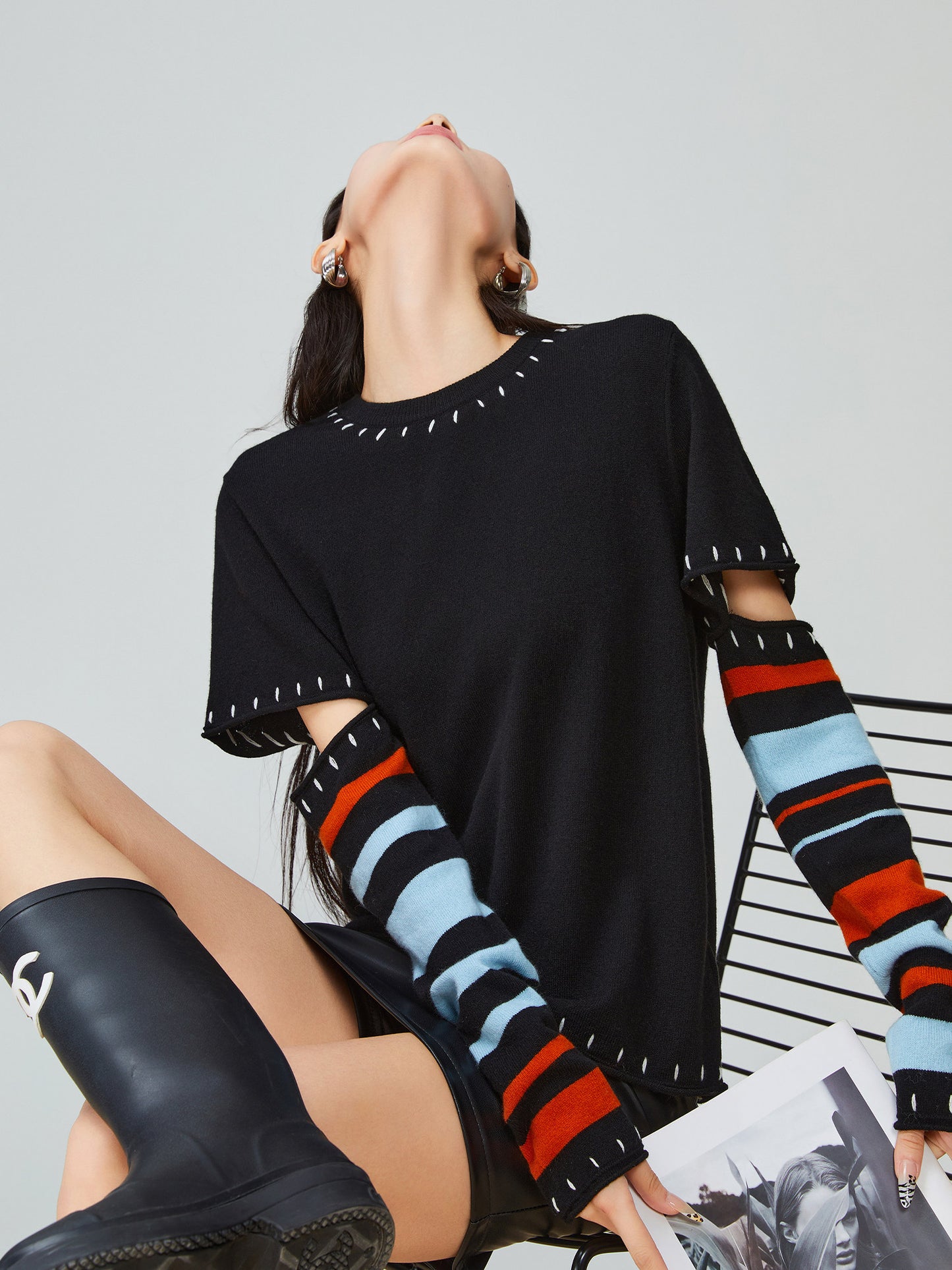 Black Striped Patchwork Knit FER0033