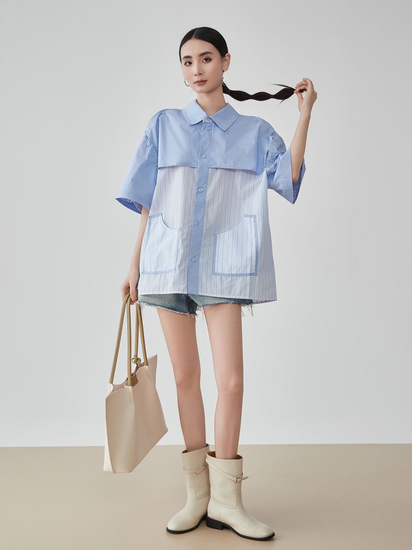 Blue Striped Patchwork Short-Sleeve Shirt FER0183