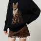Cat Print Knit Top/Leopard Print Mini Skirt LLA0623
