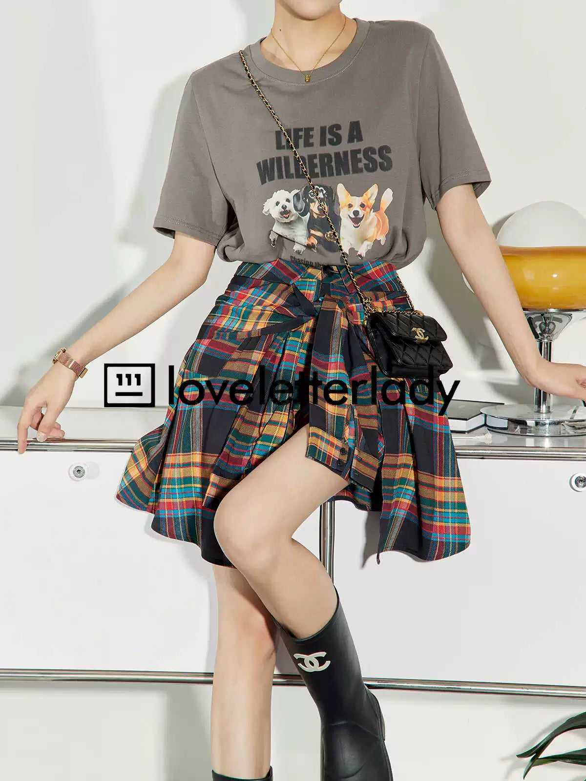 American Printed T-Shirt Check Skirt LLA0215