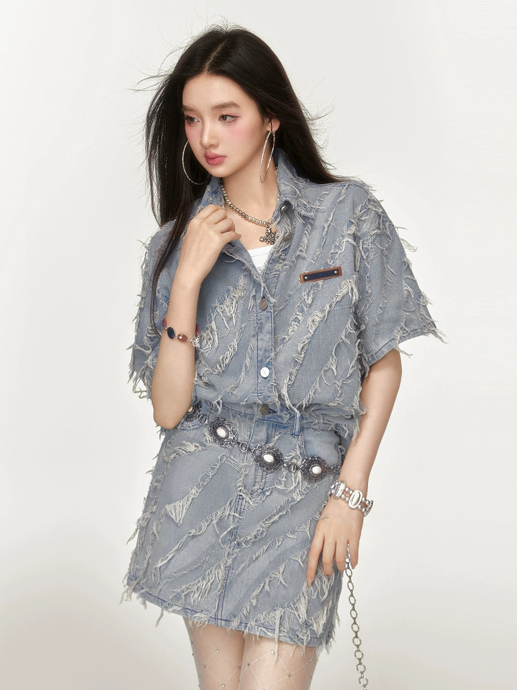 Fringe Retro Denim Shirt / Denim Mini Skirt EPU0013