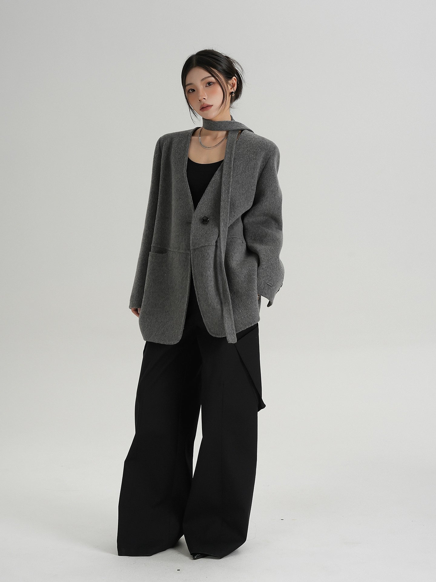 Collarless Wool Coat with Choker SRS0393