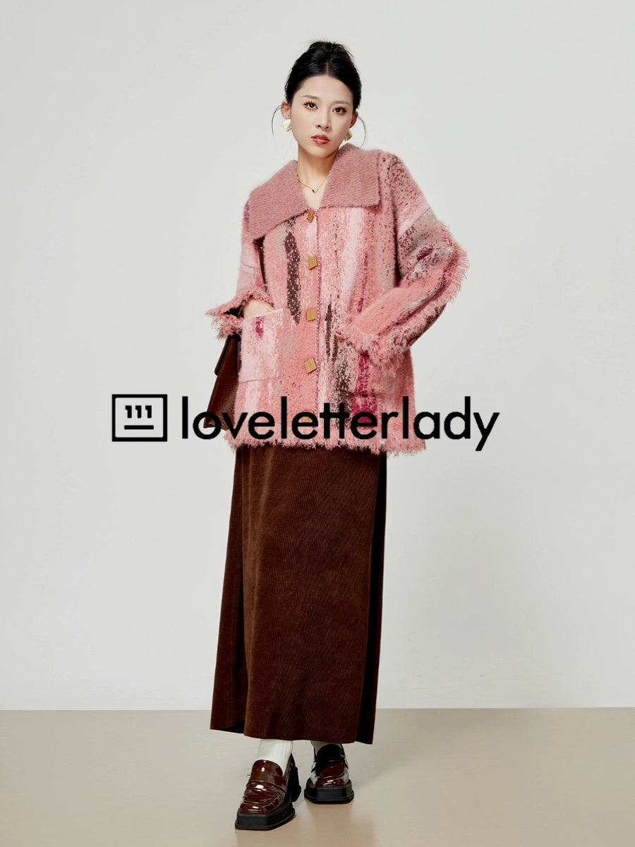 Pink Big Lapel Sweater Cardigan / Corduroy Long Skirt LLA0347