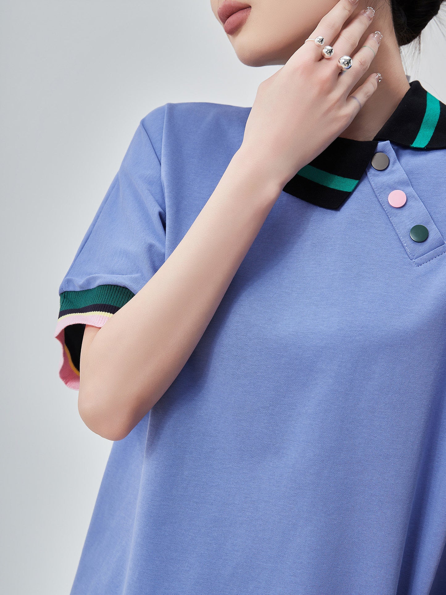 Color-Block Rib Asymmetric Neck T-shirt FER0245