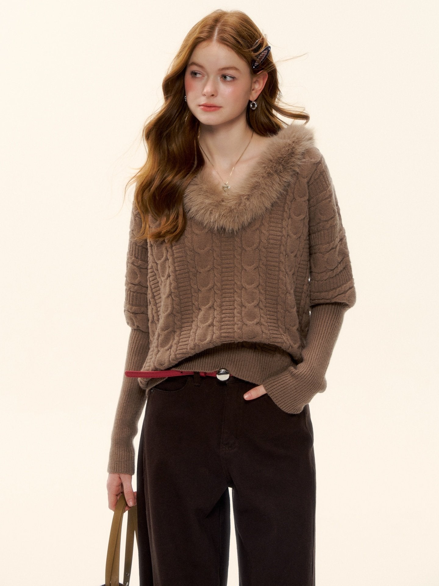 Fur Collar Cable Knit Top ASG0077