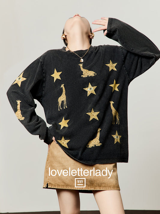 Black Star Print Loose T-Shirt / Denim Mini Skirt LLA0662