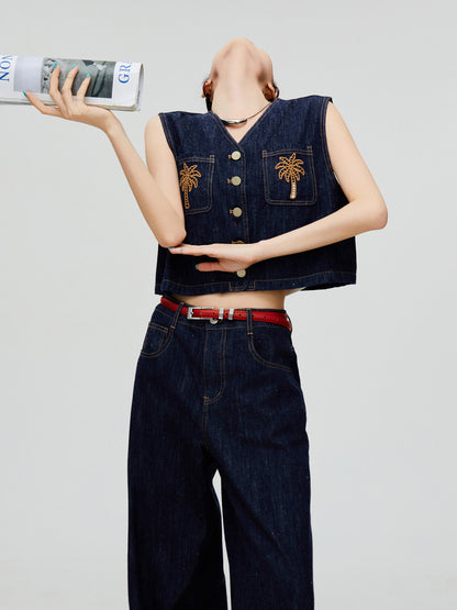 Palm Tree Embroidered Denim Vest / Wide Pants FER0303