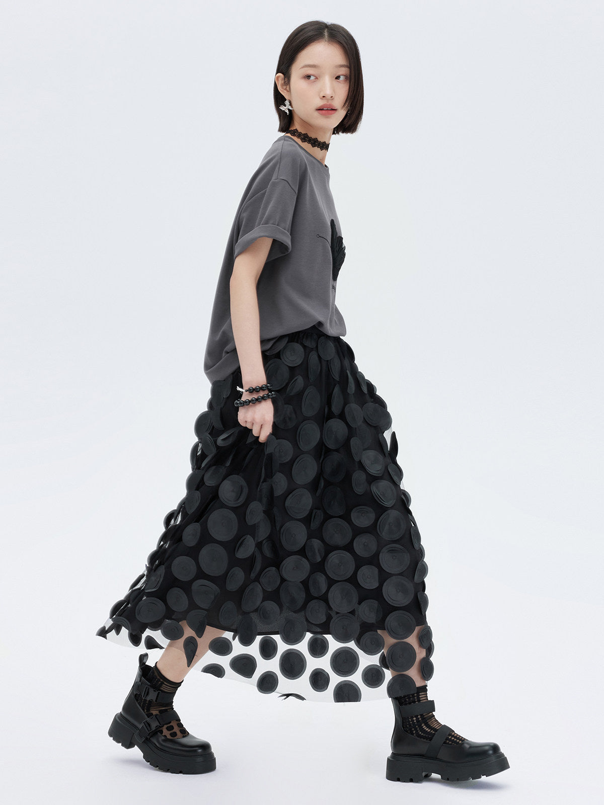 Patch Embroidered Flared Mesh Skirt SHN0003