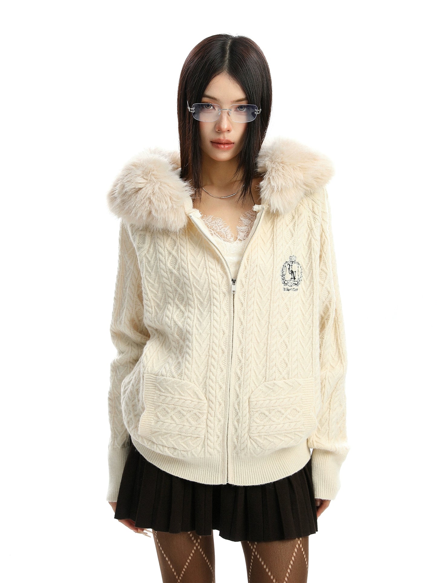 Fur Hood Cable Knit Top BGS0034