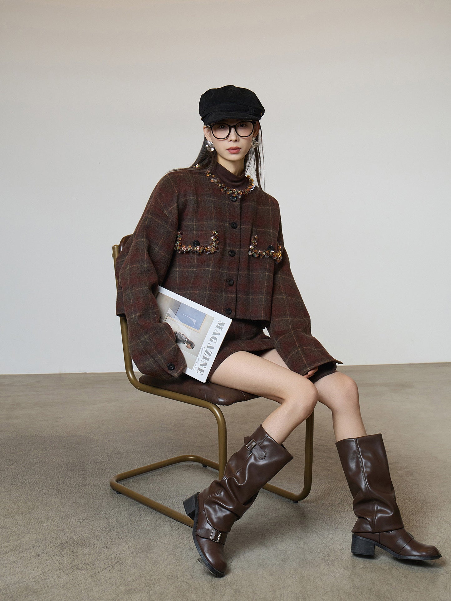 Retro Plaid Collarless Jacket / Mini Skirt SUY0019