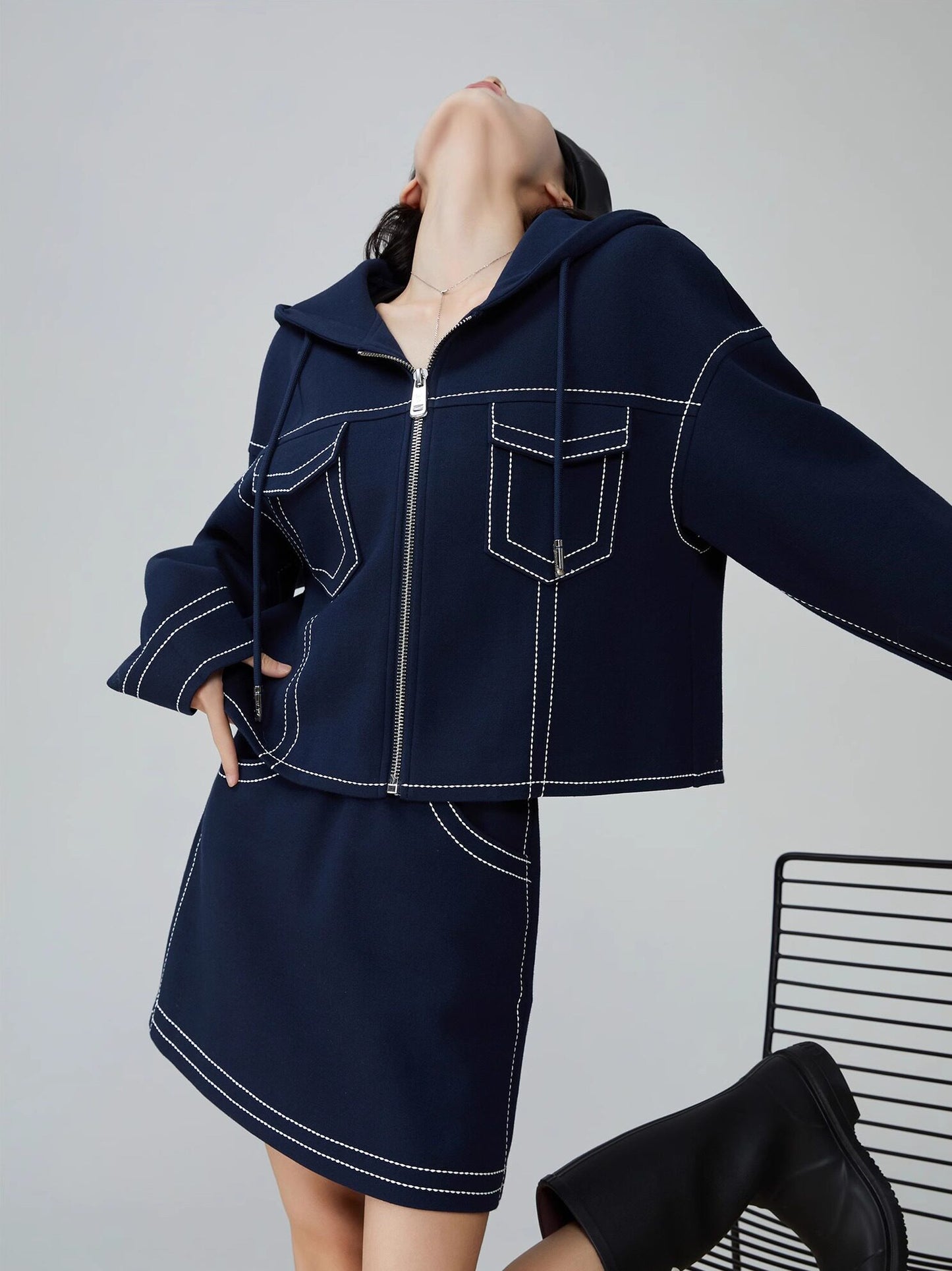 Denim-Style Zip Hoodie / Elastic Waist Mini Skirt FER0051