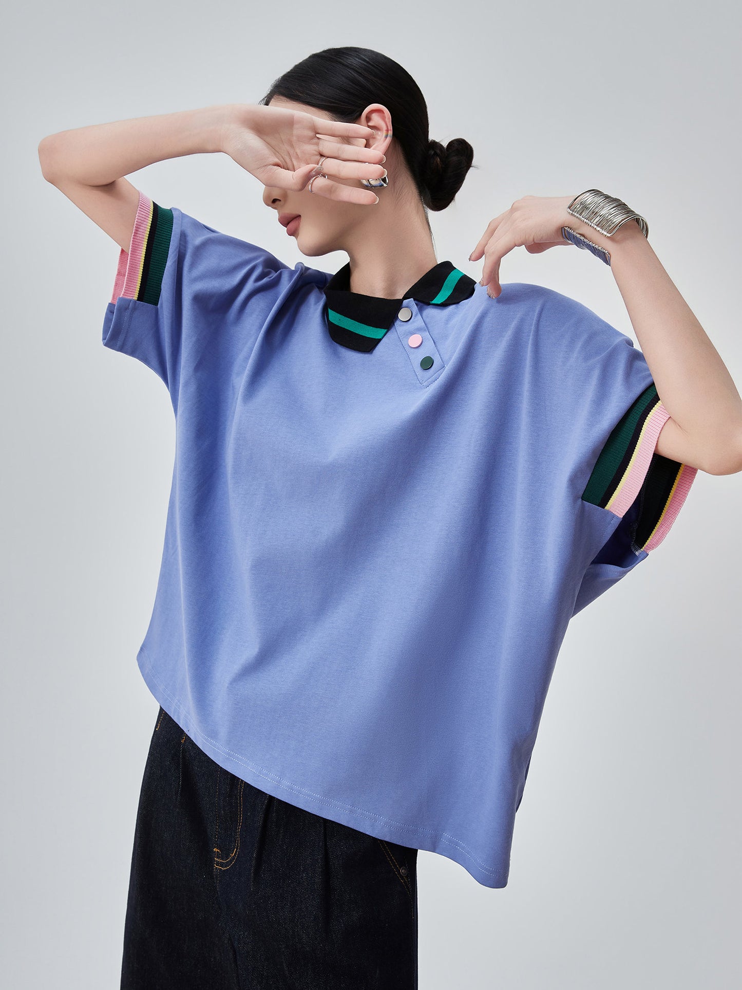 Color-Block Rib Asymmetric Neck T-shirt FER0245