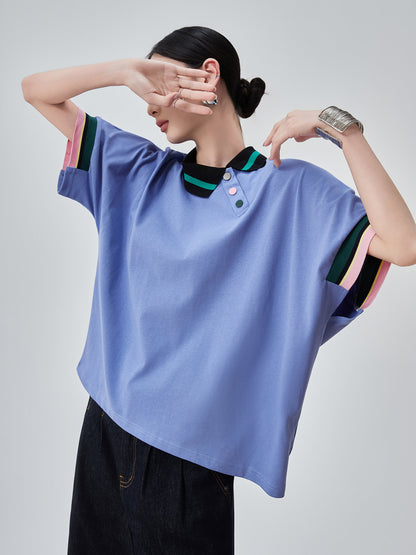 Color-Block Rib Asymmetric Neck T-shirt FER0245