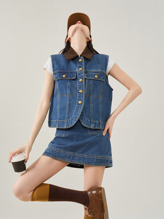 Retro Denim Vest / Denim Mini Skirt FER0079